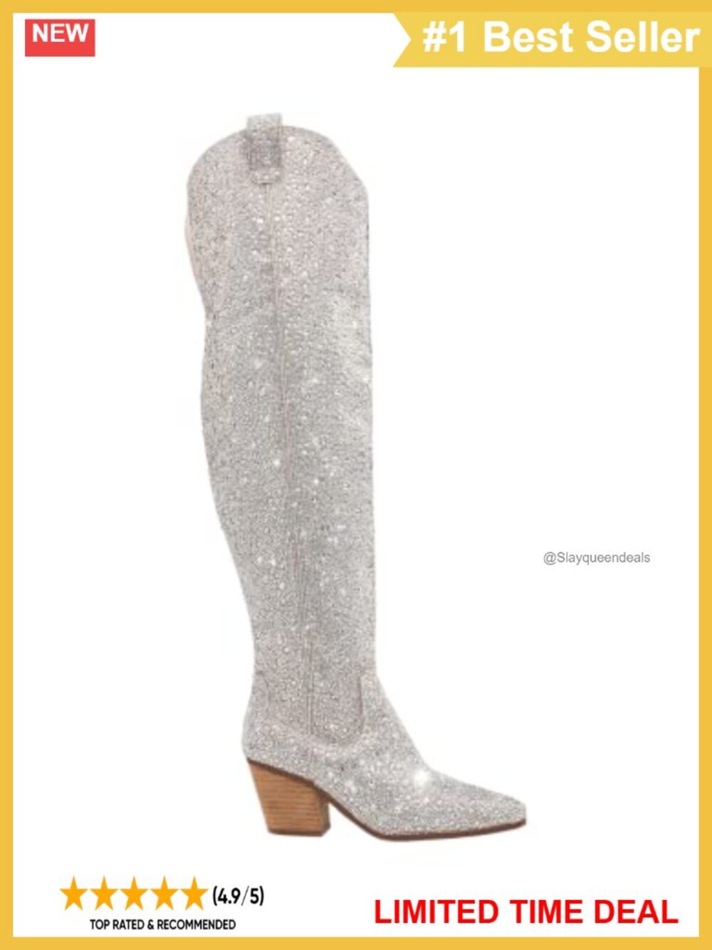 Rhinestone Cowboy Boots Knee High Pointed Toe Stacked Heel Western Booties